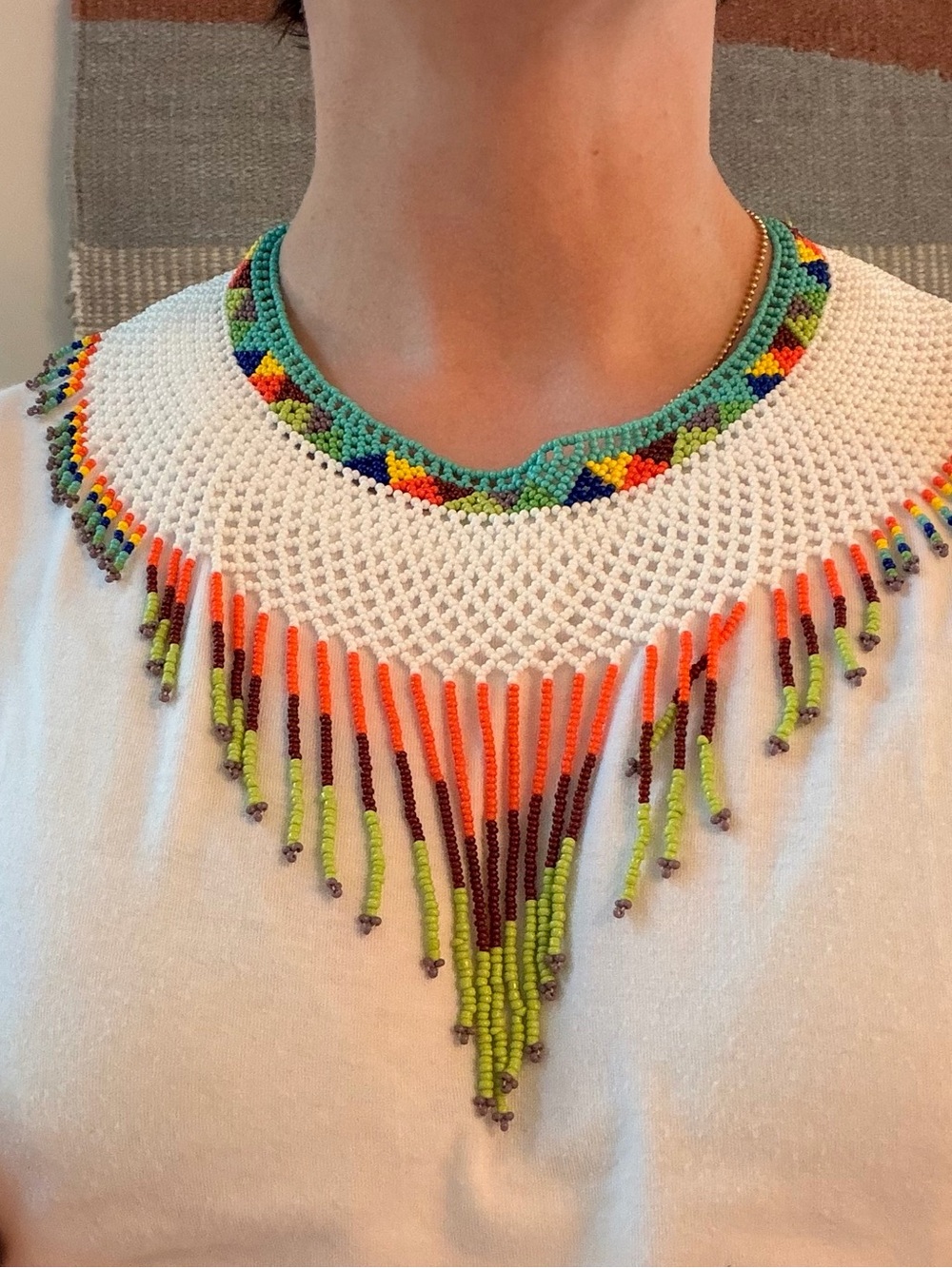 Beaded Statement Collar Necklace from Mexico – White Turquoise Multicolor Fringe